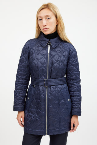 Burberry Navy Quilted Belted Coat