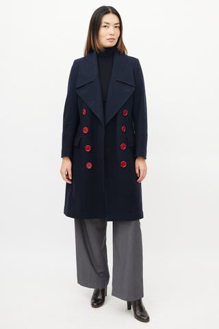 Burberry Navy & Red Wool Double Breasted Coat