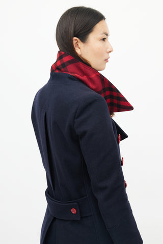 Burberry Navy & Red Wool Double Breasted Coat