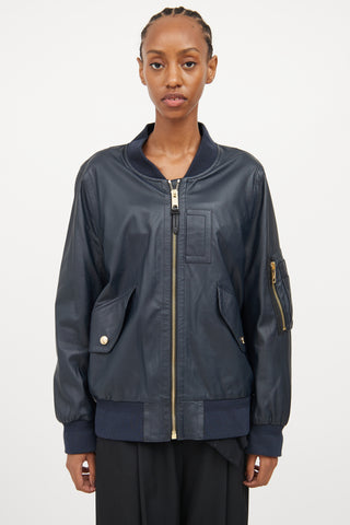 Burberry Navy Leather Bomber Jacket