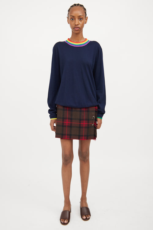 Burberry Navy & Multi Rainbow Collar Wool Top