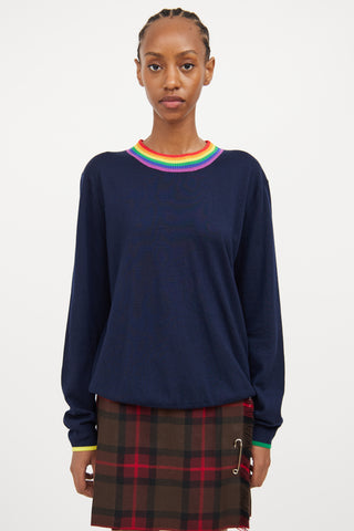 Burberry Navy & Multi Rainbow Collar Wool Top