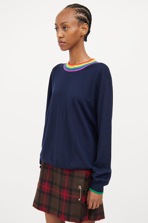 Burberry Navy & Multi Rainbow Collar Wool Top