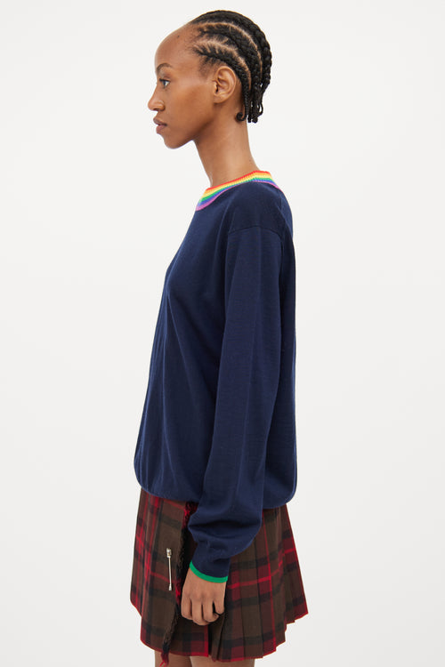 Burberry Navy & Multi Rainbow Collar Wool Top