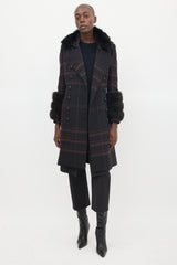Burberry Purple Wool & Fur Trim Nova Check Coat