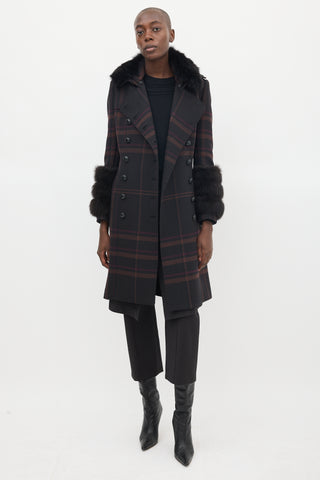 Burberry Purple Wool & Fur Trim Nova Check Coat