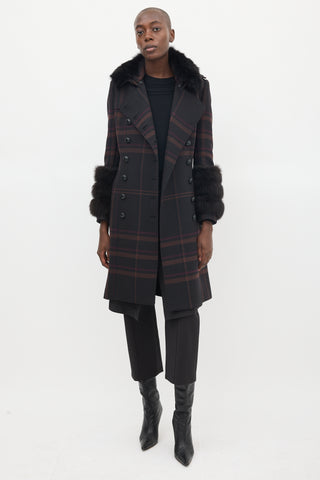 Burberry Purple Wool & Fur Trim Novacheck Belted Coat