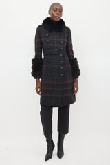 Burberry Purple Wool & Fur Trim Nova Check Coat