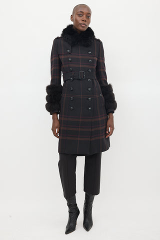 Burberry Purple Wool & Fur Trim Nova Check Coat