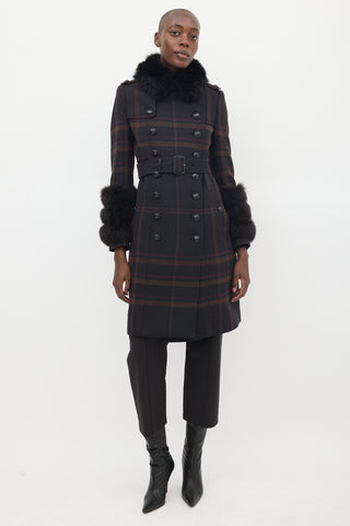 Burberry Purple Wool & Fur Trim Novacheck Belted Coat