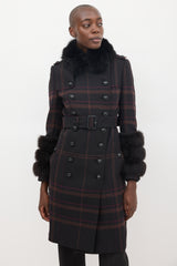 Burberry Purple Wool & Fur Trim Nova Check Coat