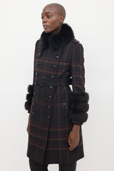 Burberry Purple Wool & Fur Trim Nova Check Coat