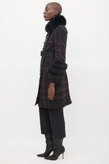 Burberry Purple Wool & Fur Trim Nova Check Coat