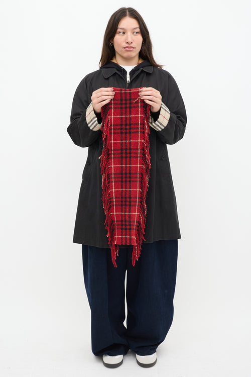 Burberry Red & Black Wool Plaid Fringe Scarf