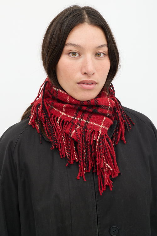 Burberry Red & Black Wool Plaid Fringe Scarf