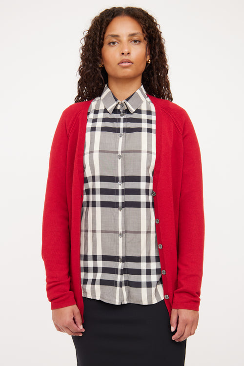 Burberry Red Check Elbow Patch Cardigan