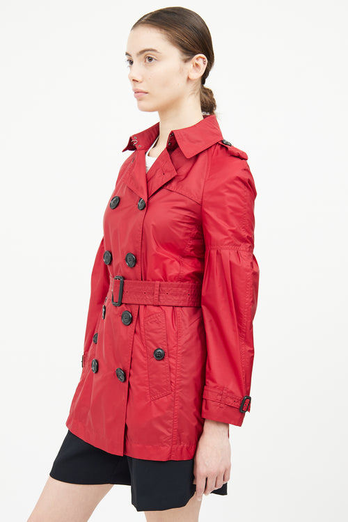 Burberry Red Nylon Double Breasted Trench Coat