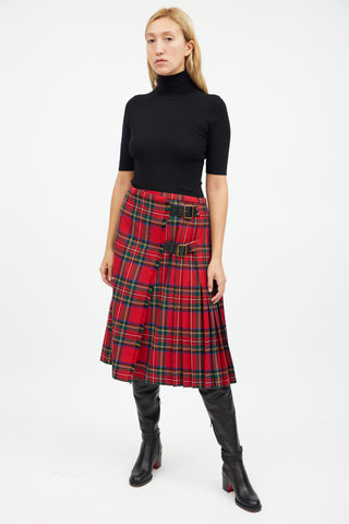 Burberry Red & Multicolour Wool Pleated Plaid Skirt