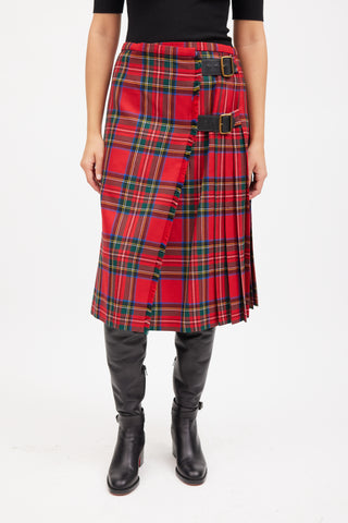 Burberry Red & Multicolour Wool Pleated Plaid Skirt