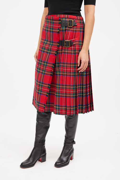 Burberry Red & Multicolour Wool Pleated Plaid Skirt