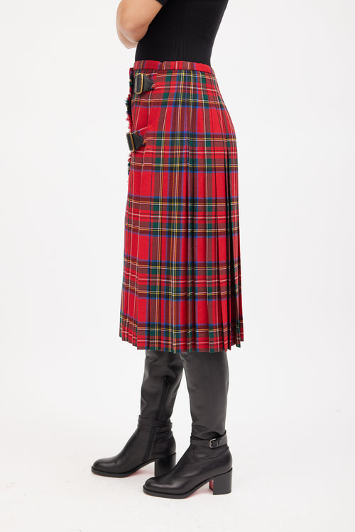 Burberry Red & Multicolour Wool Pleated Plaid Skirt