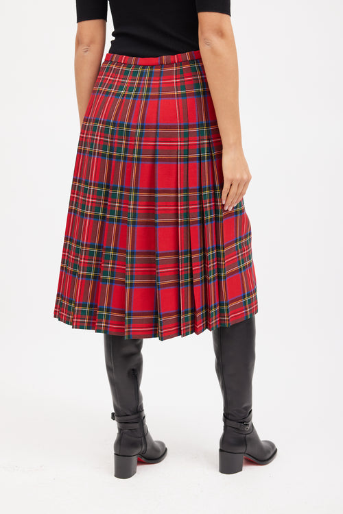 Burberry Red & Multicolour Wool Pleated Plaid Skirt