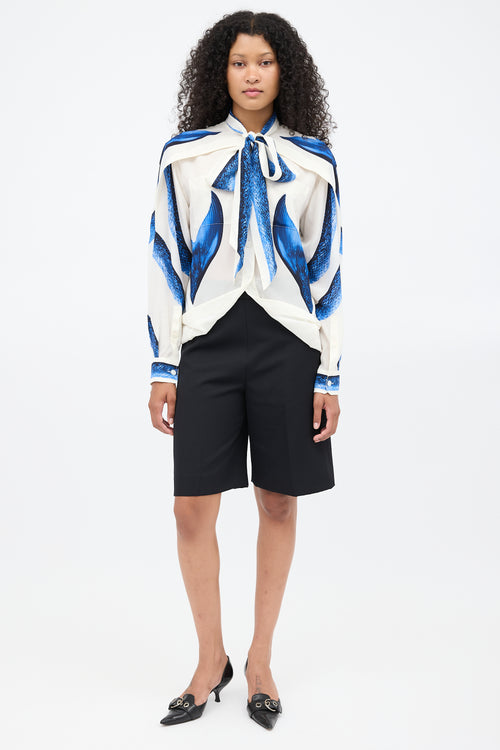 Burberry SS 2021 White & Blue Silk Mermaid Cape Blouse