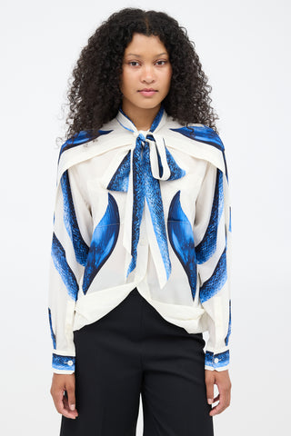 Burberry SS 2021 White & Blue Silk Mermaid Cape Blouse