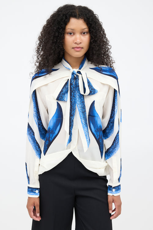 Burberry SS 2021 White & Blue Silk Mermaid Cape Blouse