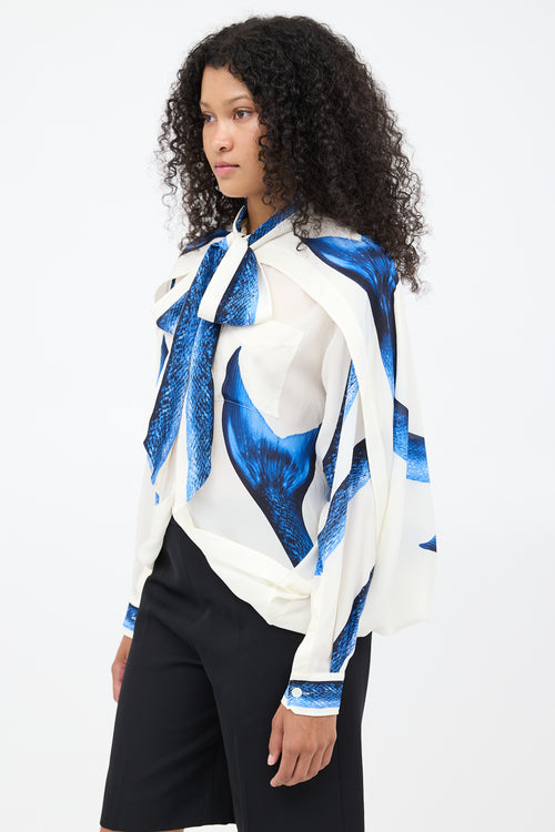 Burberry SS 2021 White & Blue Silk Mermaid Cape Blouse