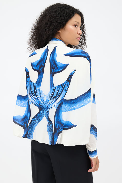 Burberry SS 2021 White & Blue Silk Mermaid Cape Blouse