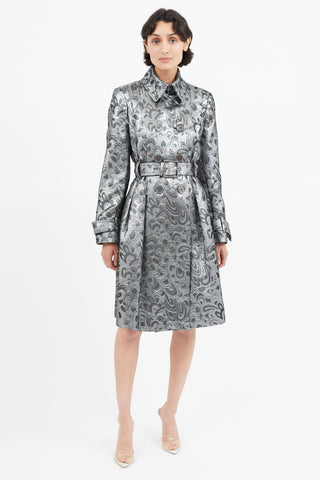 Burberry Silver Jacquard Belted Trench Coat