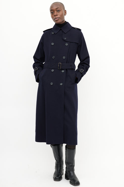 Burberry 1980s Navy Wool Belted Coat