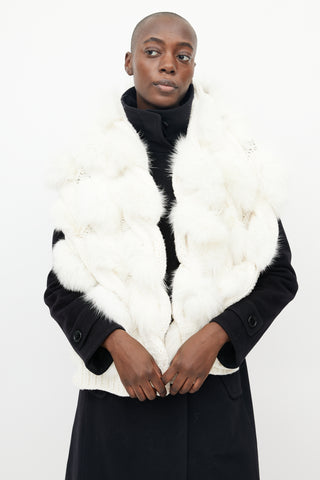 Burberry White Cashmere & Fur Ball Scarf