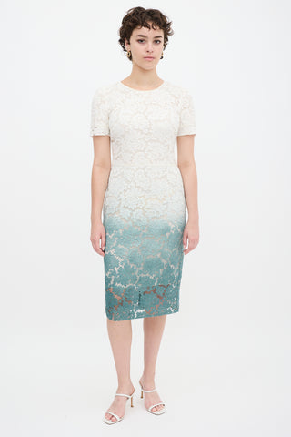 Burberry White & Green Gradient Floral Lace Sheath Dress