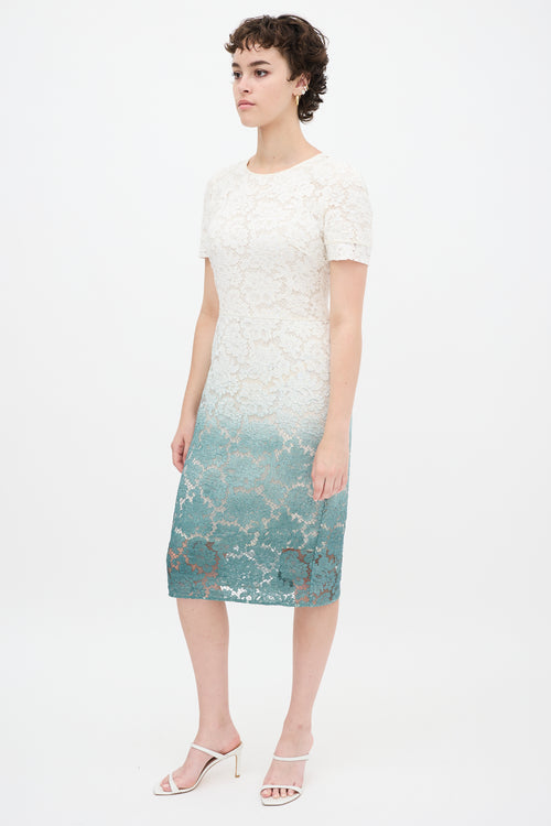 Burberry White & Green Gradient Floral Lace Sheath Dress