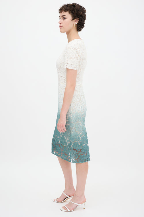 Burberry White & Green Gradient Floral Lace Sheath Dress