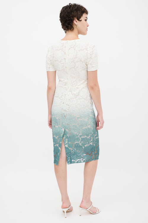 Burberry White & Green Gradient Floral Lace Sheath Dress