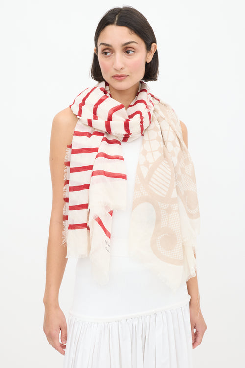 Burberry White & Multicolour Cashmere Striped Fringe Scarf