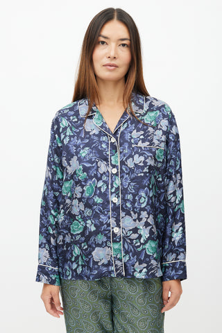 Burberry XO Barneys Navy & Multi Silk Floral Shirt