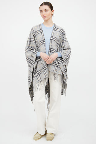 Burberry Grey & Beige Wool Fringe Nova Check Cape