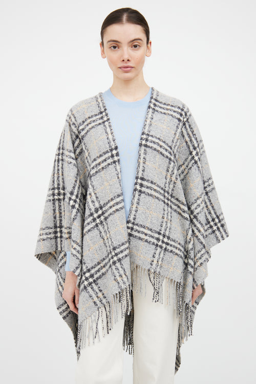 Burberry Grey & Beige Wool Fringe Nova Check Cape