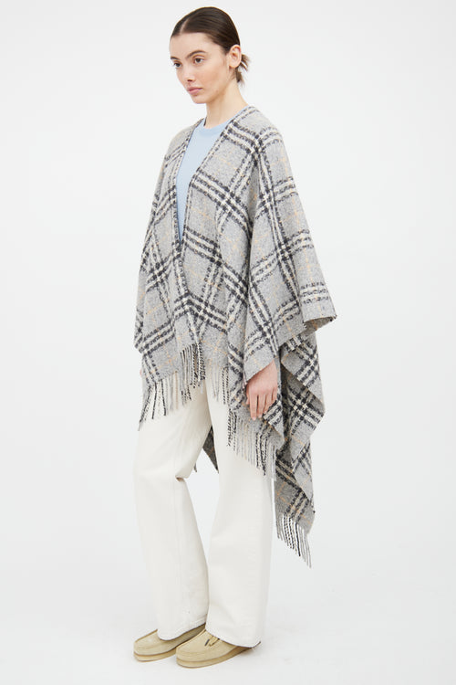 Burberry Grey & Beige Wool Fringe Nova Check Cape