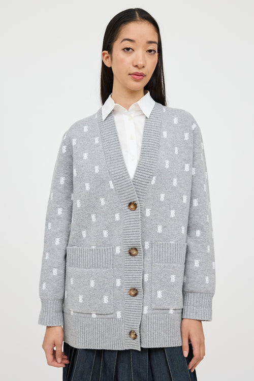 Burberry Grey & White Wool TB Monogram Cardigan
