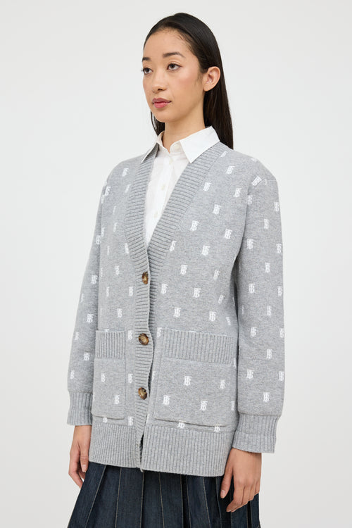 Burberry Grey & White Wool TB Monogram Cardigan