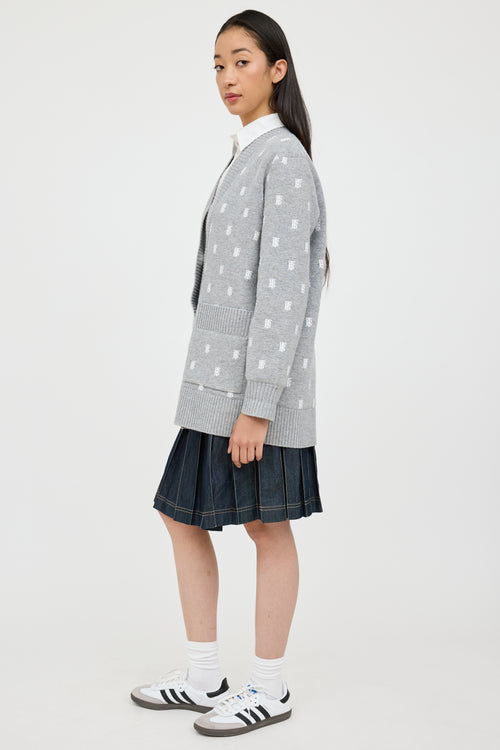 Burberry Grey & White Wool TB Monogram Cardigan