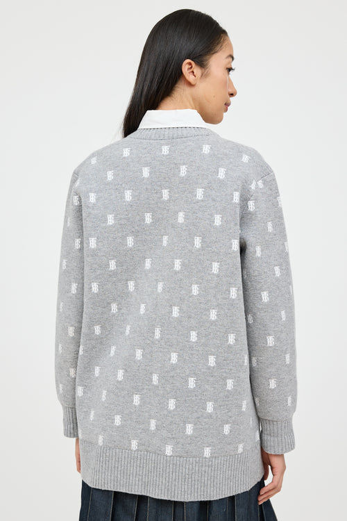 Burberry Grey & White Wool TB Monogram Cardigan