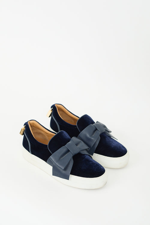 Buscemi Navy Velvet & Leather Bow Slip On Sneaker