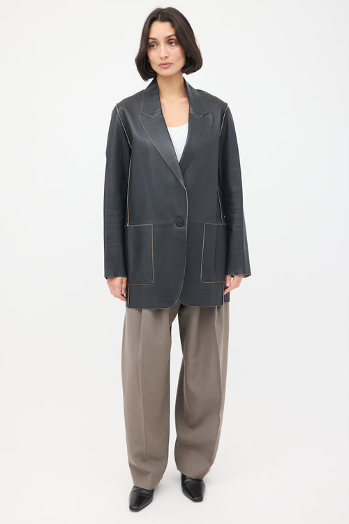 By Malene Birger Black Leather Exposed Seam Long Blazer