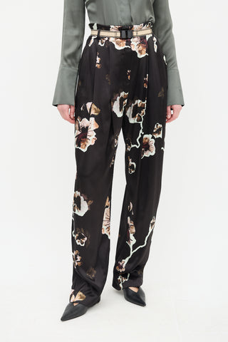 By Malene Birger Black & Multi Floral Belted Satin Trouser